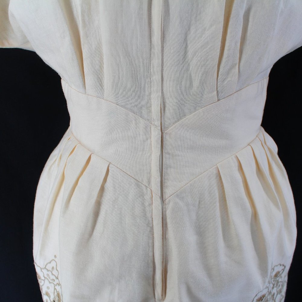 Vintage 80s Dress Ramie Cotton Lace Cutwork Embroidery Peplum Beige Midi 8 - Picture 5 of 15